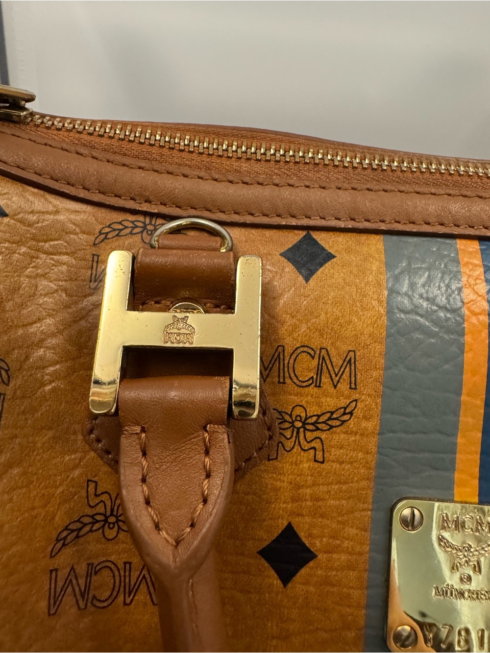 MCM Cognac Visetos Bowling Bag with Navy and Gold Stripe - Picture 4 of 15